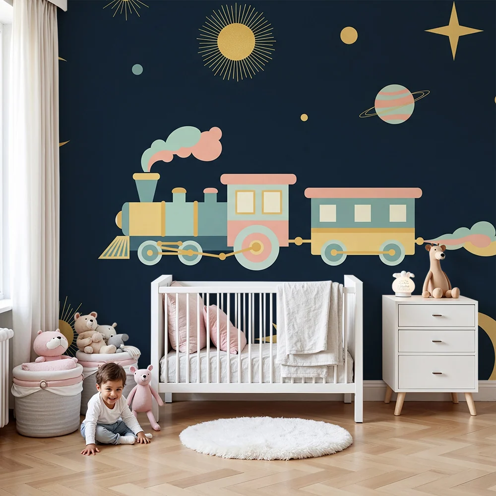 Papel de parede crianç | Tren colorat călătorind prin stele și planete