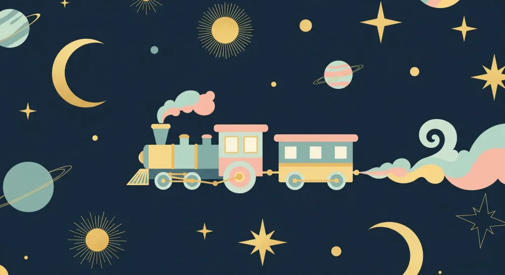 Papel de parede crianç | Tren colorat călătorind prin stele și planete