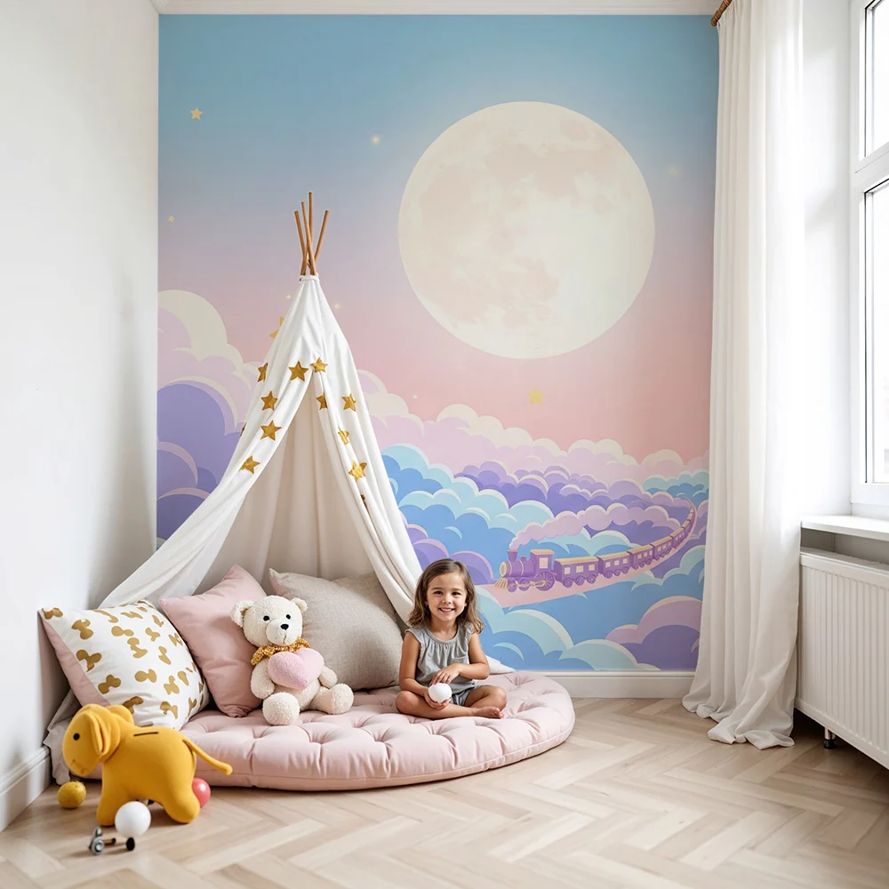Papel de parede crianç | Tren magic într-un cer cu stele și nori pastelati
