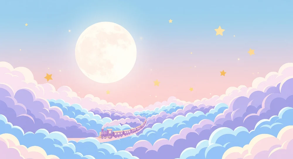 Papel de parede crianç | Tren magic într-un cer cu stele și nori pastelati