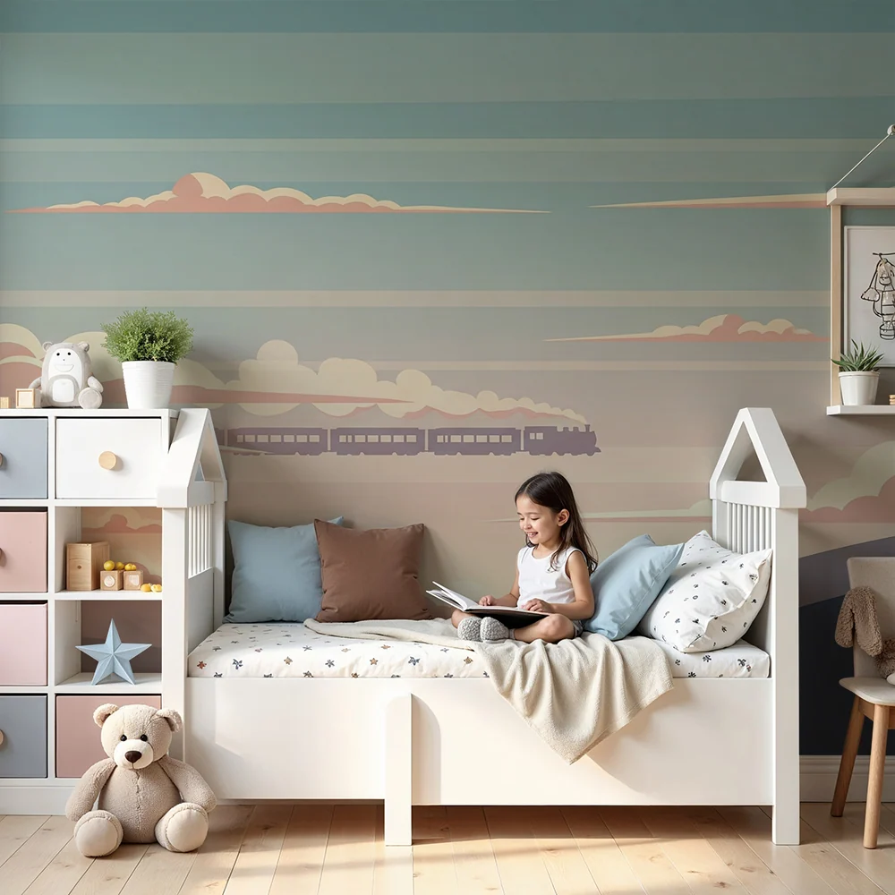 Papel de parede crianç | Trenul cu abur trecând prin dealuri sub un cer pastel