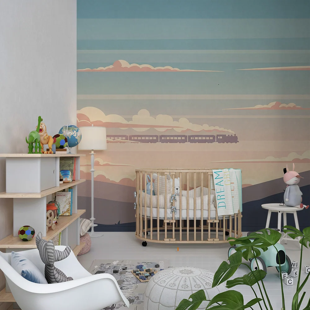 Papel de parede crianç | Trenul cu abur trecând prin dealuri sub un cer pastel