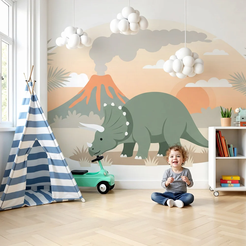Papel de parede crianç | Triceratops e vulcão
