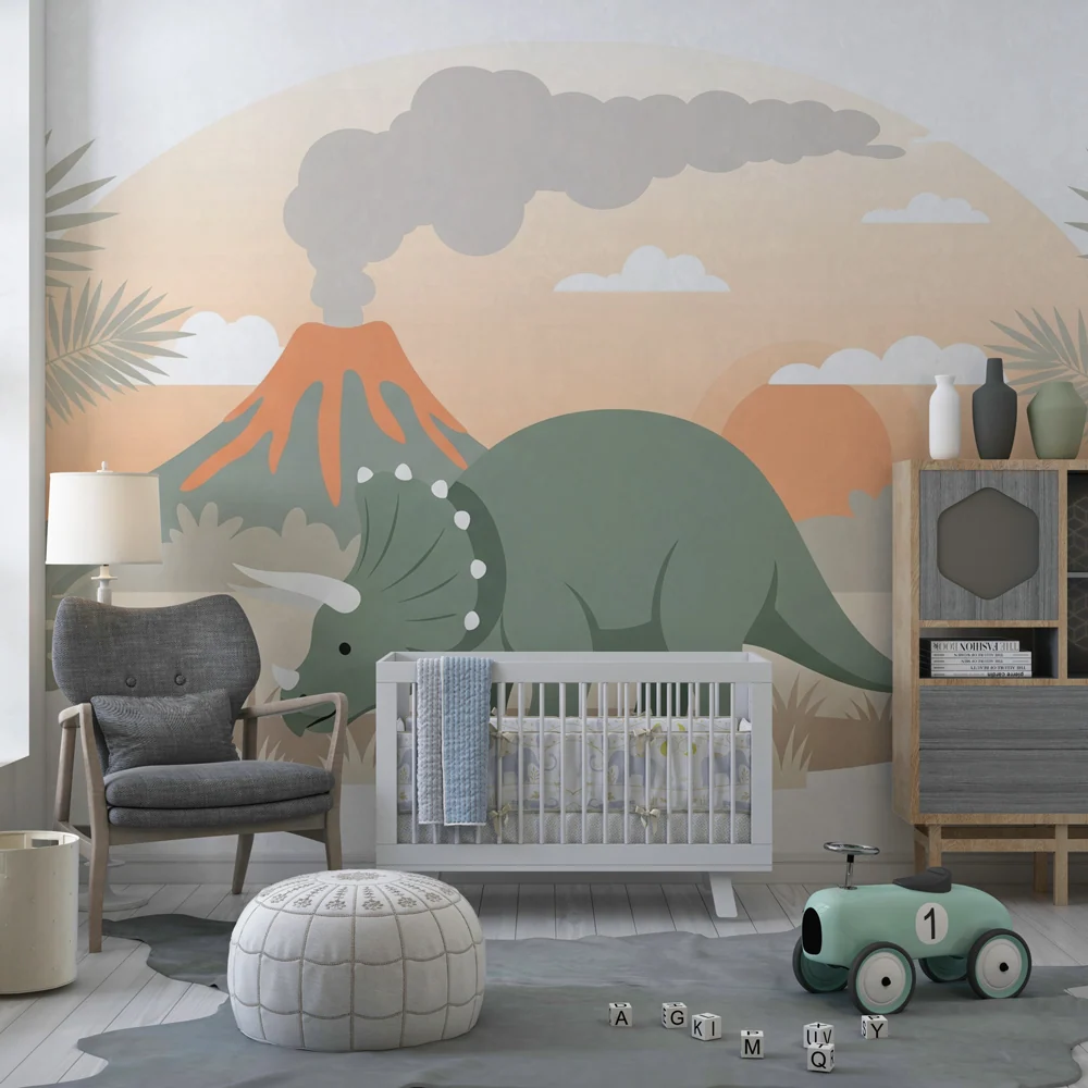Papel de parede crianç | Triceratops e vulcão