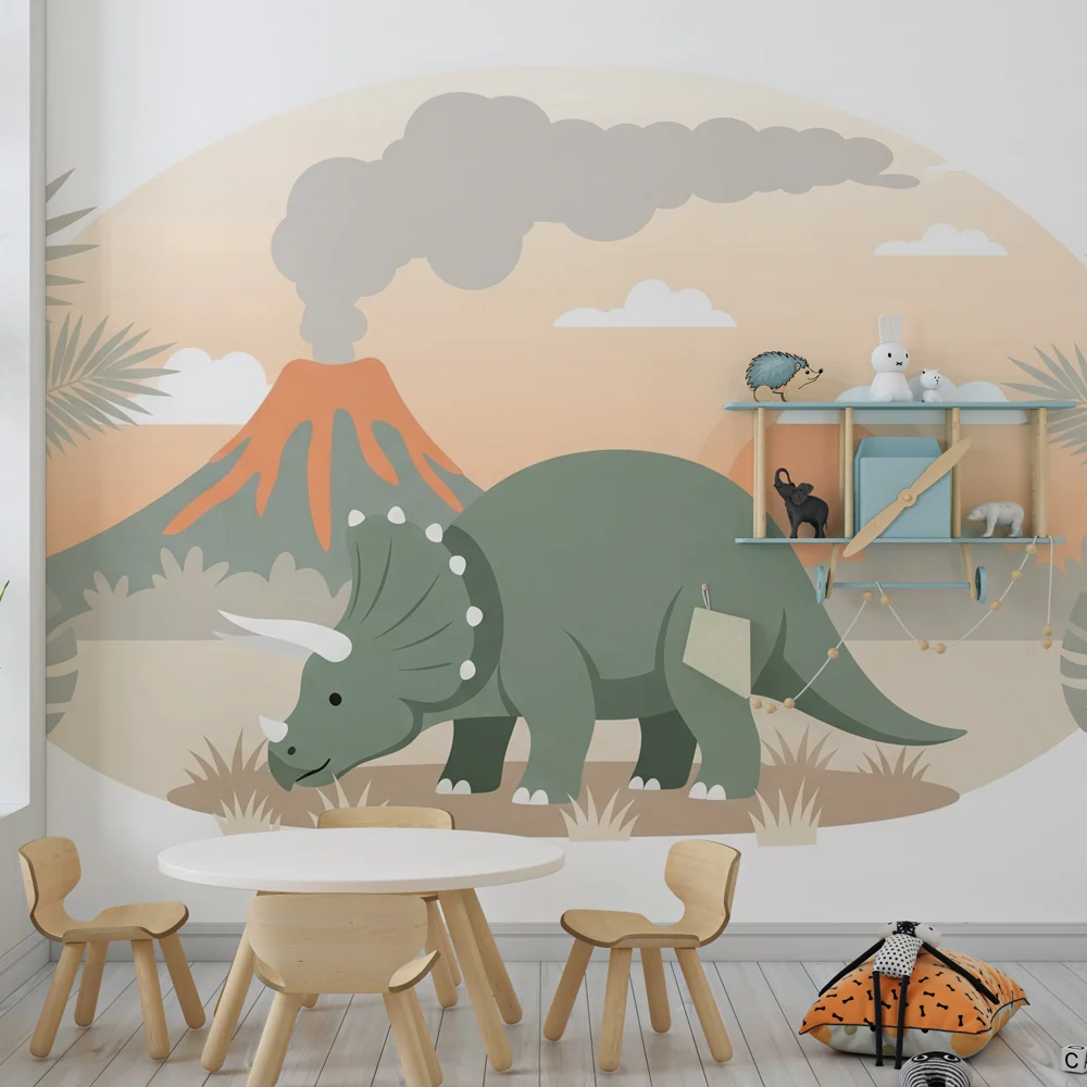 Papel de parede crianç | Triceratops e vulcão