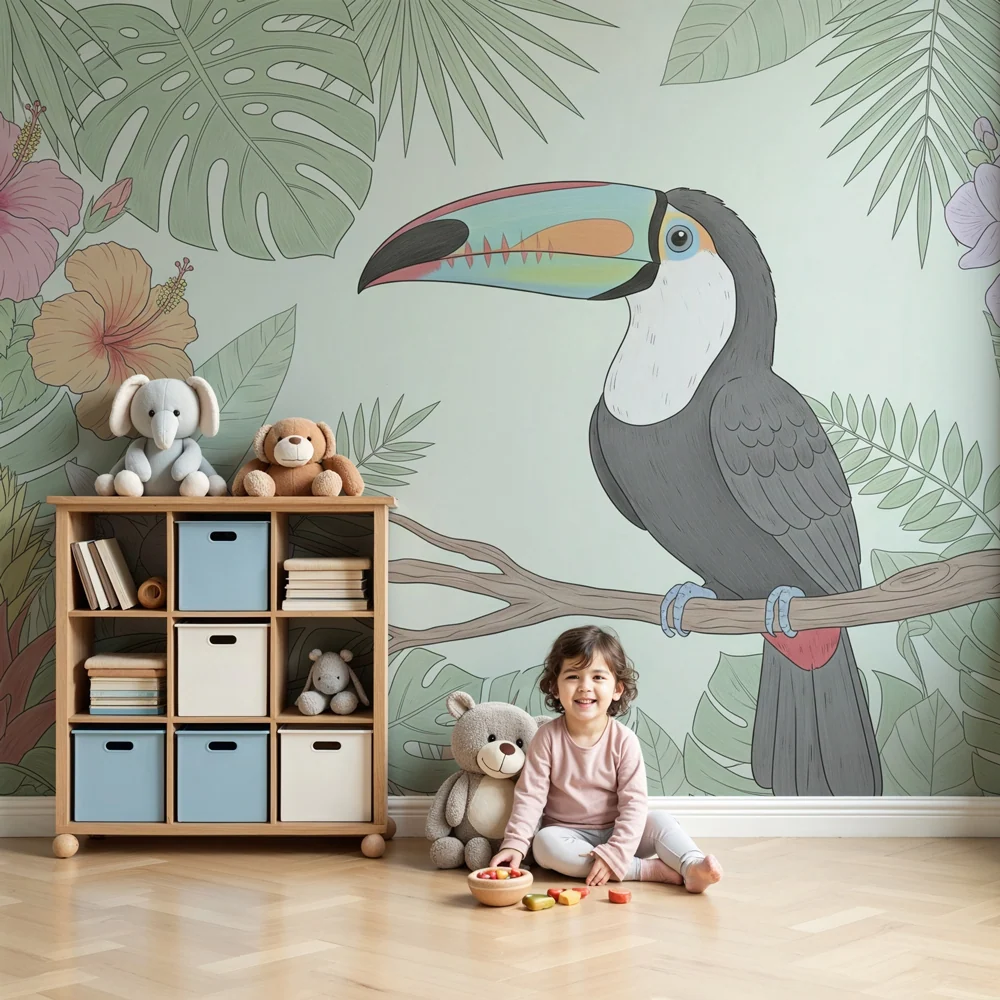 Papel de parede crianç | Tucan colorat într-un decor tropical