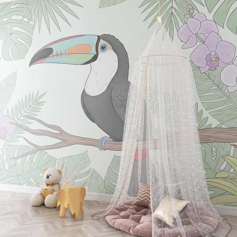 Papel de parede crianç | Tucan colorat într-un decor tropical