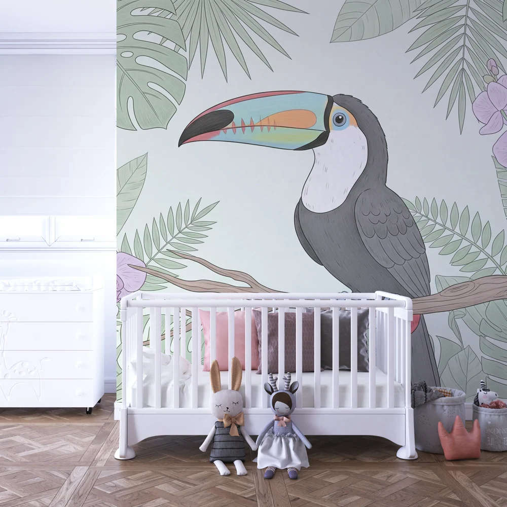 Papel de parede crianç | Tucan colorat într-un decor tropical