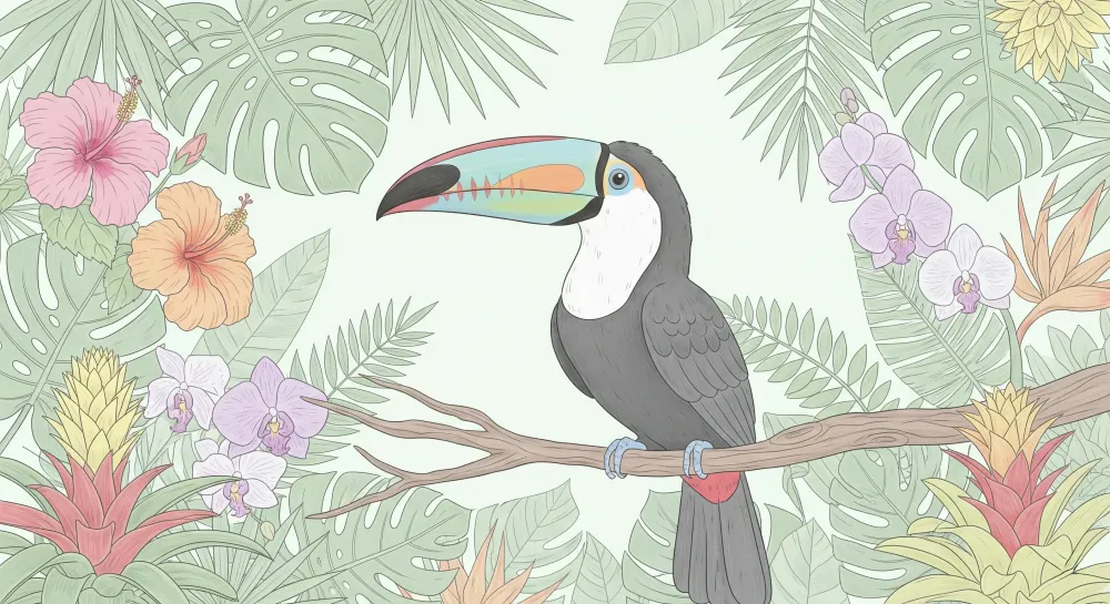 Papel de parede crianç | Tucan colorat într-un decor tropical