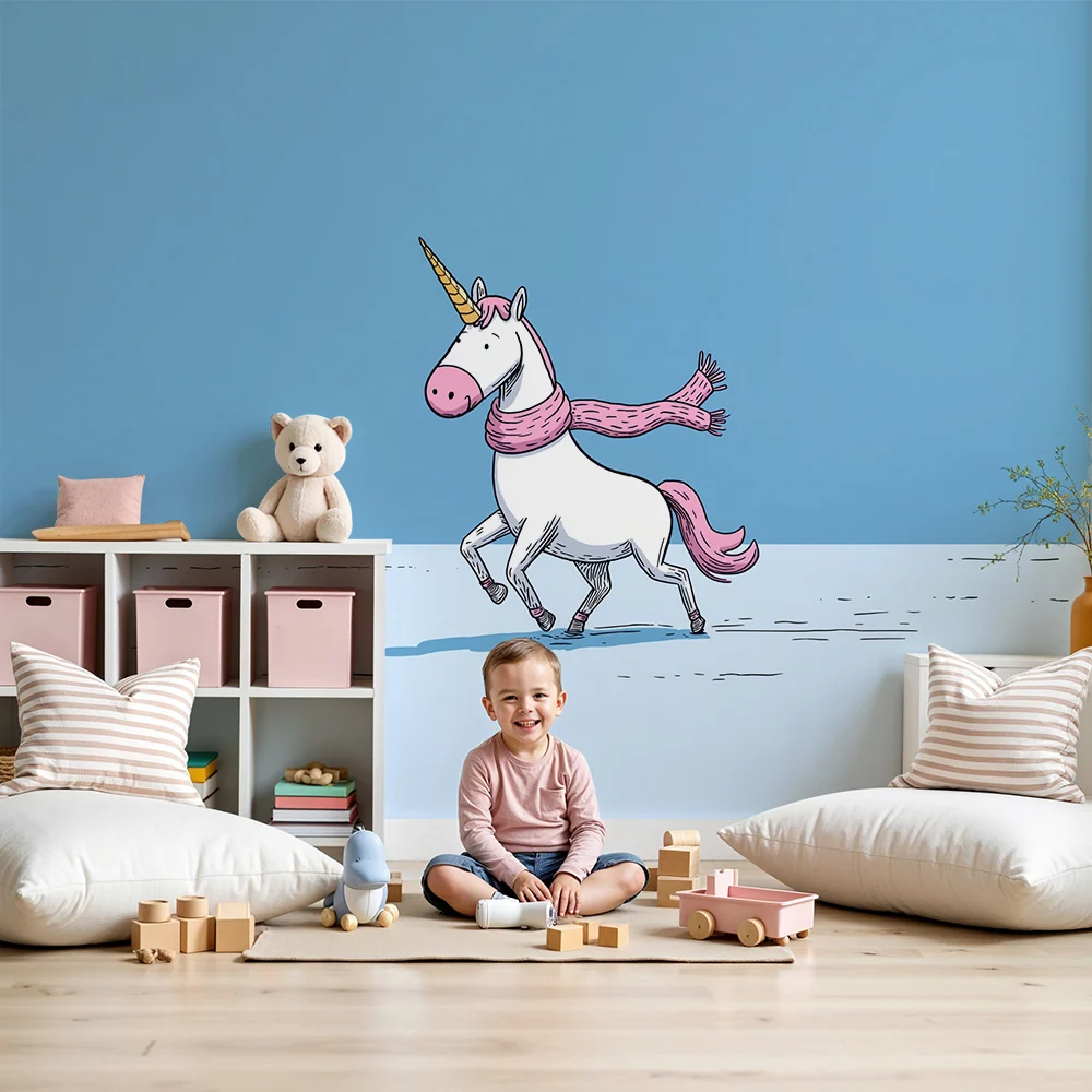 Papel de parede crianç | Unicorn fericit cu eșarfă într-un peisaj de iarnă