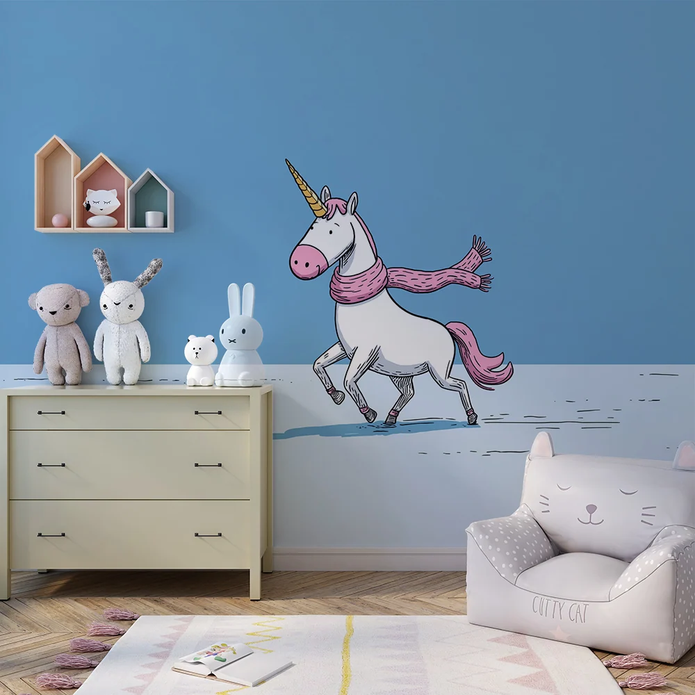 Papel de parede crianç | Unicorn fericit cu eșarfă într-un peisaj de iarnă