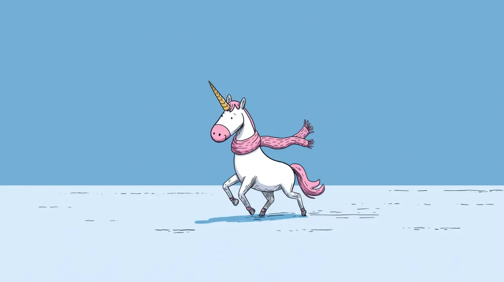 Papel de parede crianç | Unicorn fericit cu eșarfă într-un peisaj de iarnă