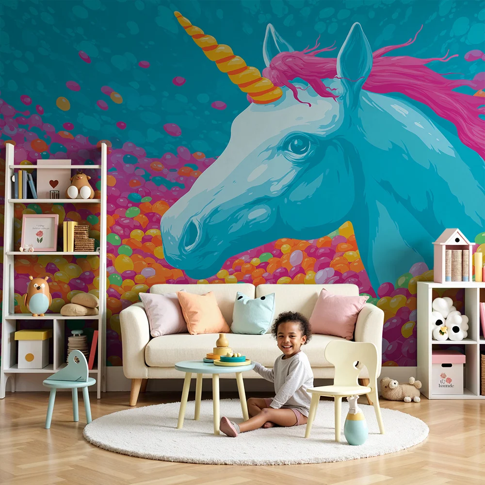 Papel de parede crianç | Unicorn magic surrounded colorful candies