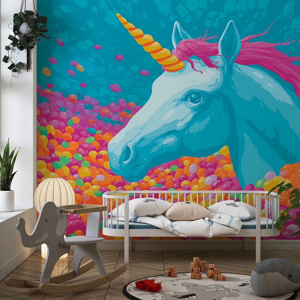 Papel de parede crianç | Unicorn magic surrounded colorful candies