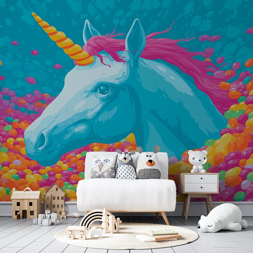Papel de parede crianç | Unicorn magic surrounded colorful candies