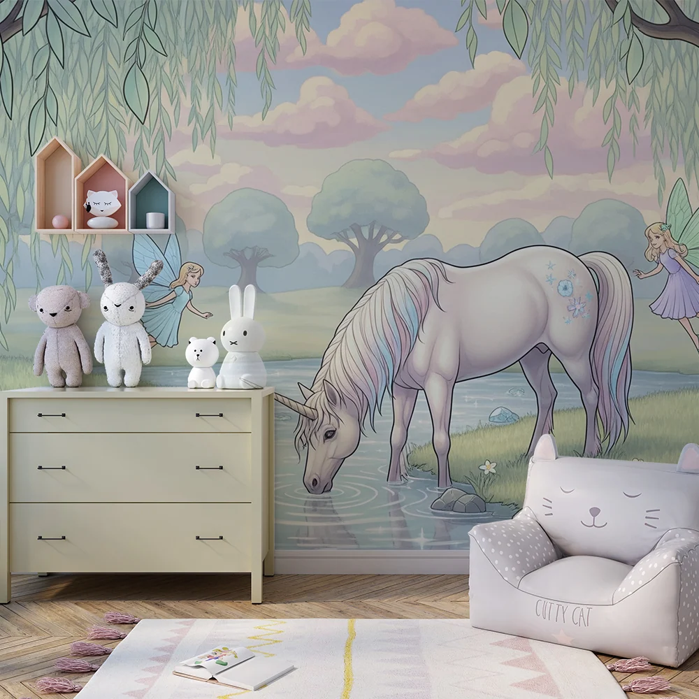 Papel de parede crianç | Unicorn încântat cu zâne și natură magică