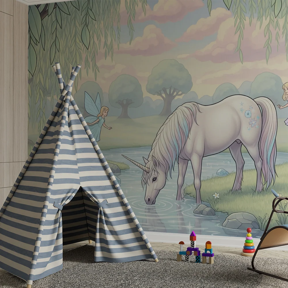 Papel de parede crianç | Unicorn încântat cu zâne și natură magică