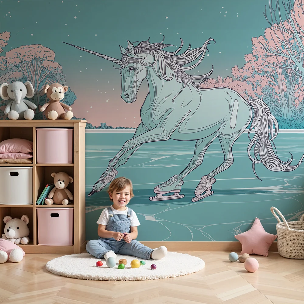 Papel de parede crianç | Unicorn patinând pe gheață sub un cer înstelat