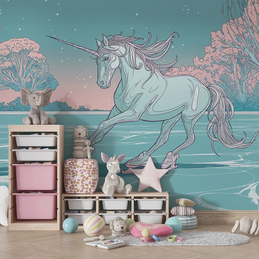 Papel de parede crianç | Unicorn patinând pe gheață sub un cer înstelat
