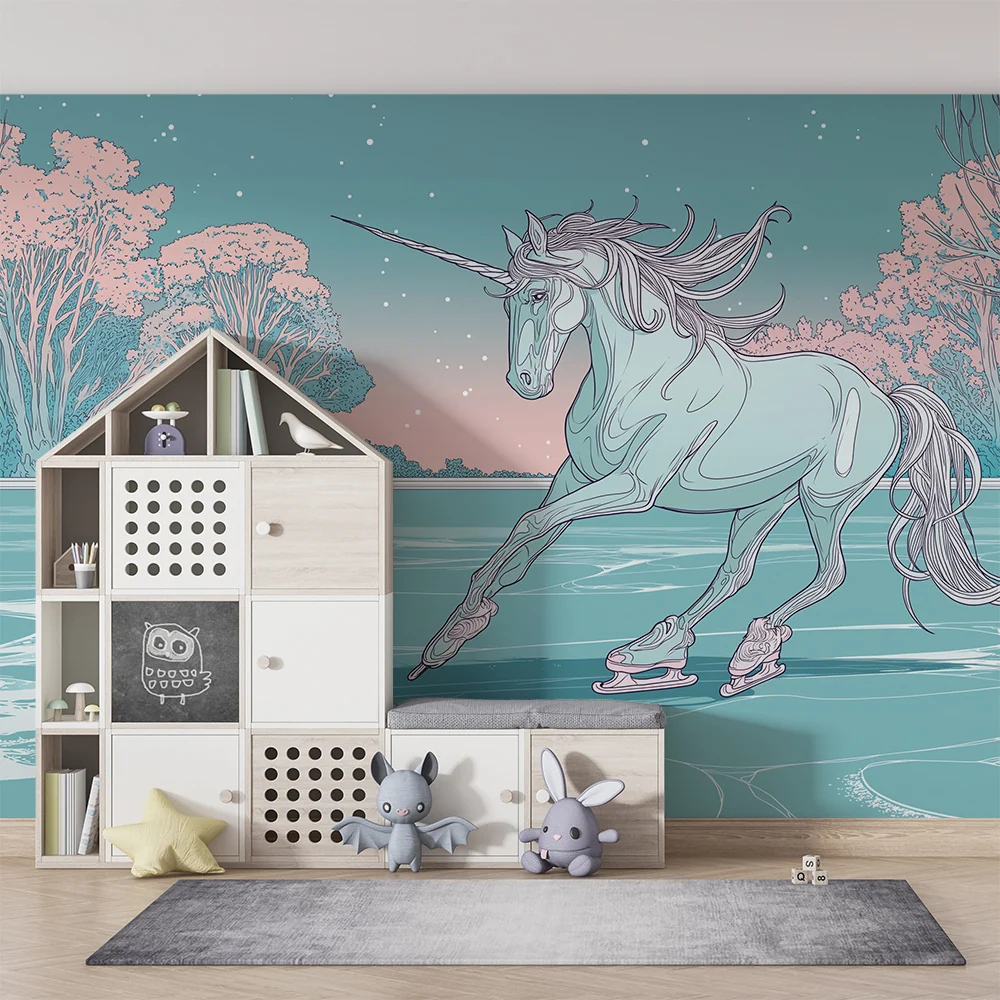 Papel de parede crianç | Unicorn patinând pe gheață sub un cer înstelat