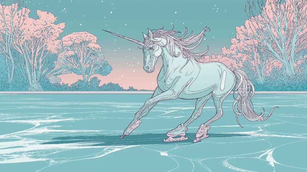 Papel de parede crianç | Unicorn patinând pe gheață sub un cer înstelat