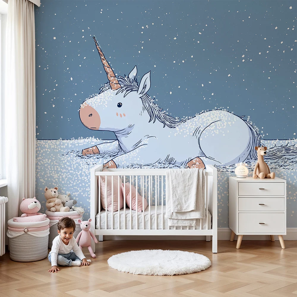 Papel de parede crianç | Unicorno adorabil em um cenário nevado
