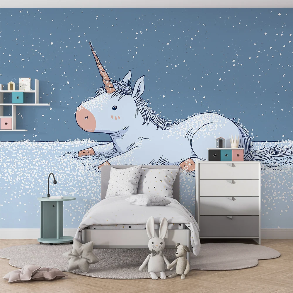 Papel de parede crianç | Unicorno adorabil em um cenário nevado