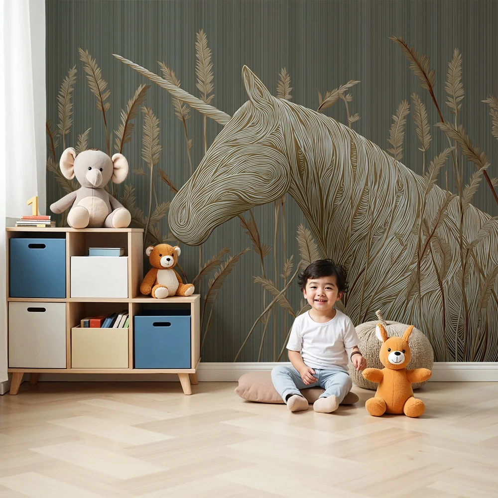 Papel de parede crianç | Unicorno elegante cercado por gramíneas douradas