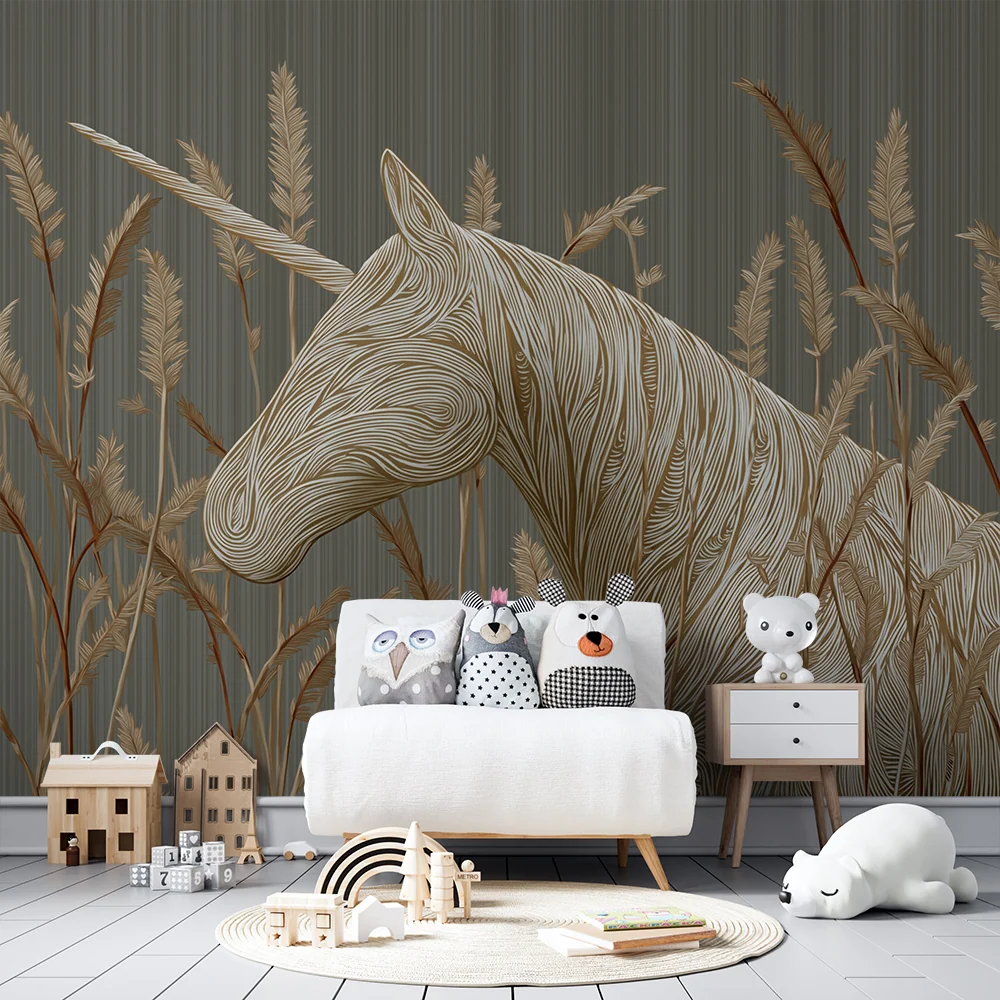 Papel de parede crianç | Unicorno elegante cercado por gramíneas douradas