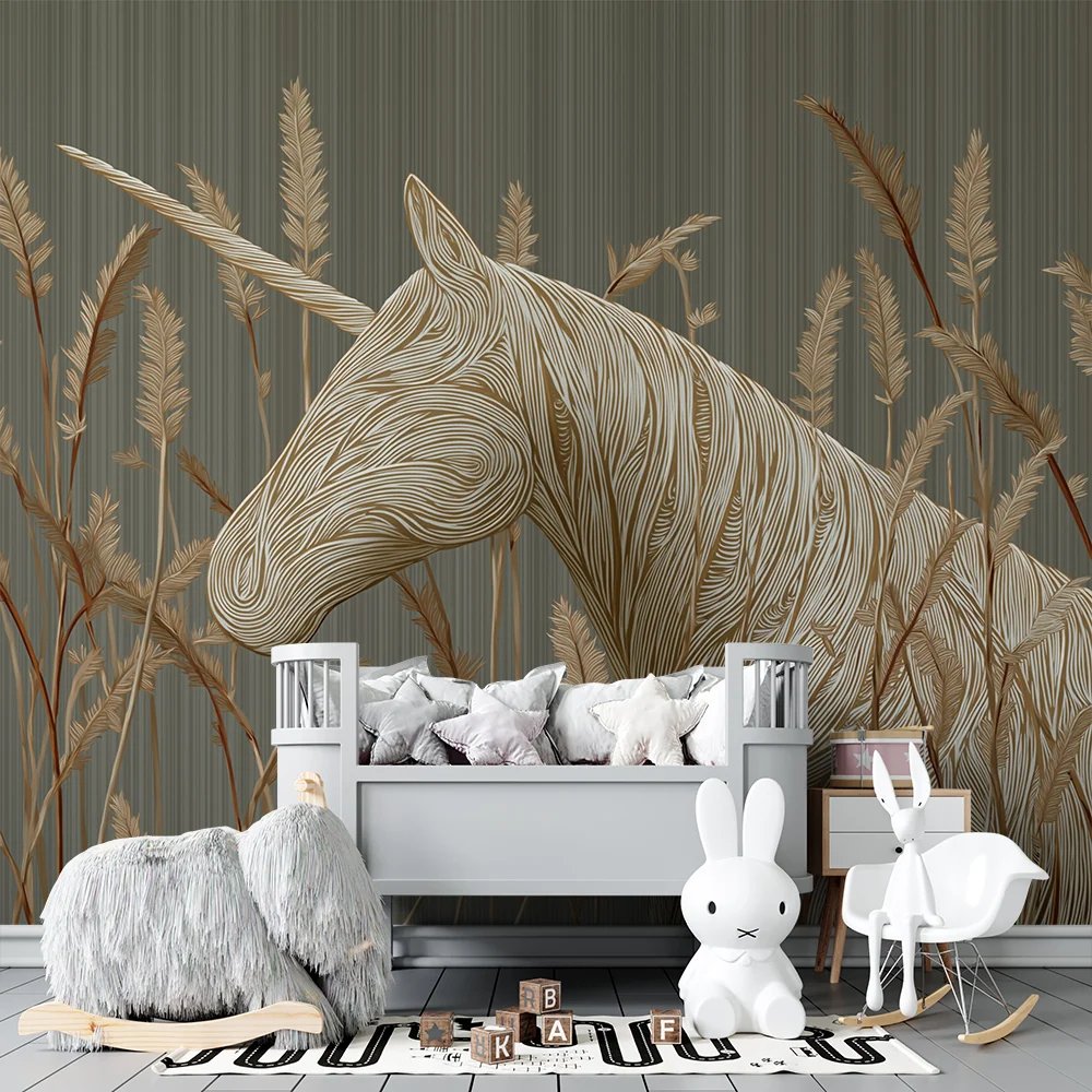 Papel de parede crianç | Unicorno elegante cercado por gramíneas douradas