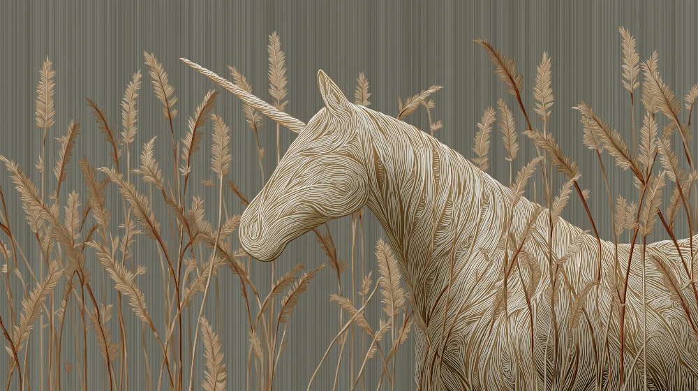 Papel de parede crianç | Unicorno elegante cercado por gramíneas douradas