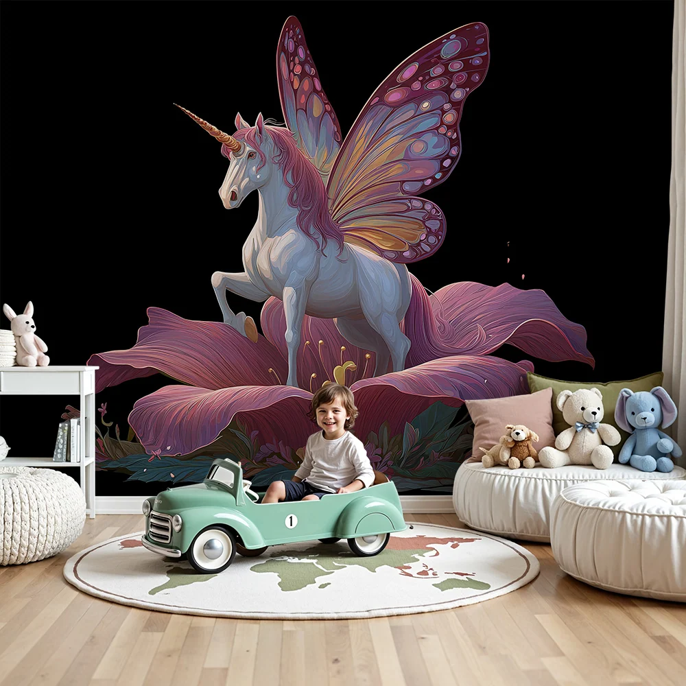 Papel de parede crianç | Unicorno mágico com asas de borboleta e flores brilhantes