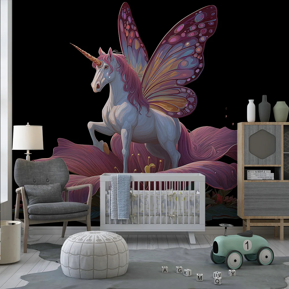 Papel de parede crianç | Unicorno mágico com asas de borboleta e flores brilhantes