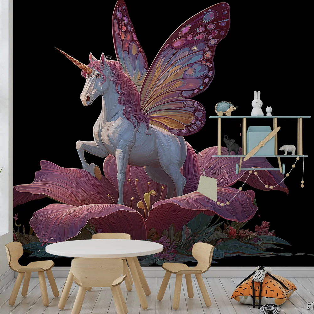 Papel de parede crianç | Unicorno mágico com asas de borboleta e flores brilhantes