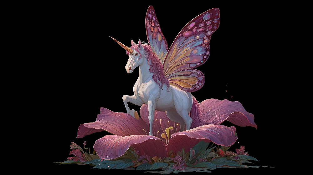 Papel de parede crianç | Unicorno mágico com asas de borboleta e flores brilhantes