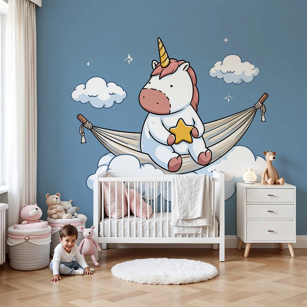 Papel de parede crianç | Unicornul visător într-un hamac în mijlocul norilor