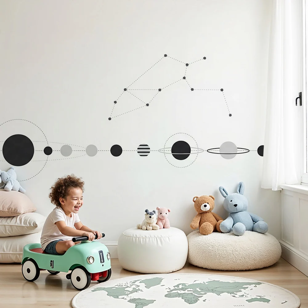 Papel de parede crianç | Univers cosmic minimalist cu planete și constelații
