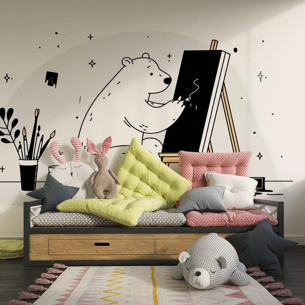 Papel de parede crianç | Urs artist creativ în faț unui chevalet