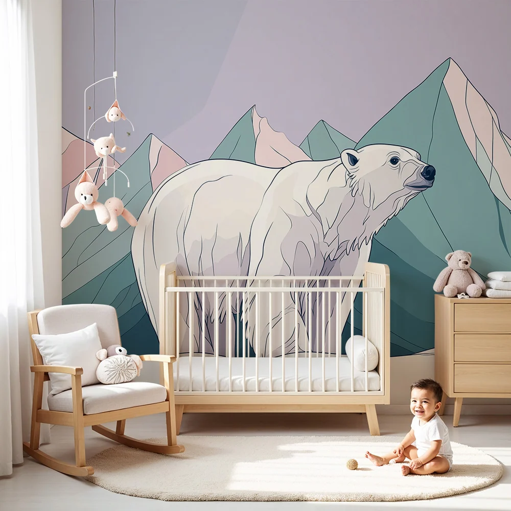 Papel de parede crianç | Urs polar majestuos într-un peisaj montan pastel