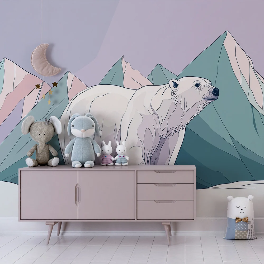 Papel de parede crianç | Urs polar majestuos într-un peisaj montan pastel
