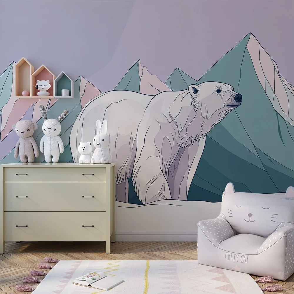 Papel de parede crianç | Urs polar majestuos într-un peisaj montan pastel