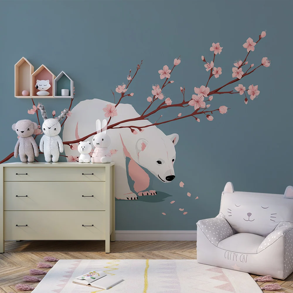 Papel de parede crianç | Urs polar sub o ramură de cireș înflorită