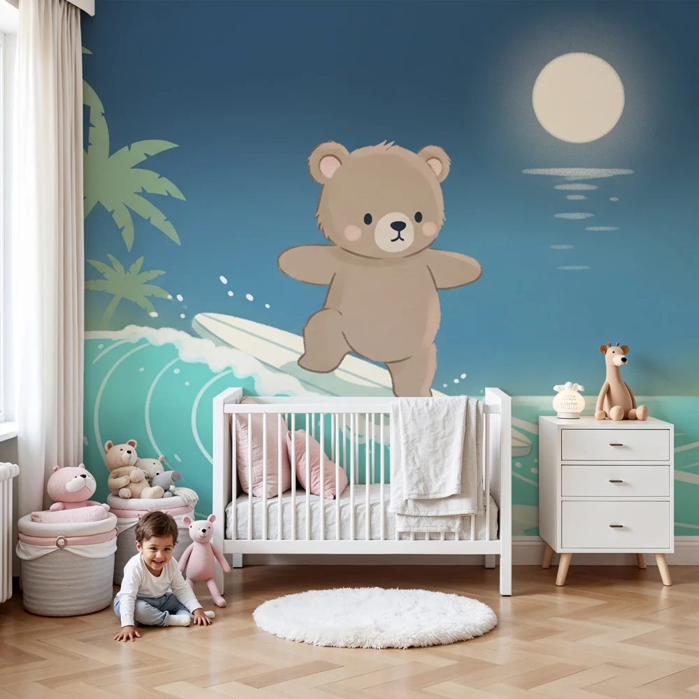 Papel de parede crianç | Urs surfând sub lună