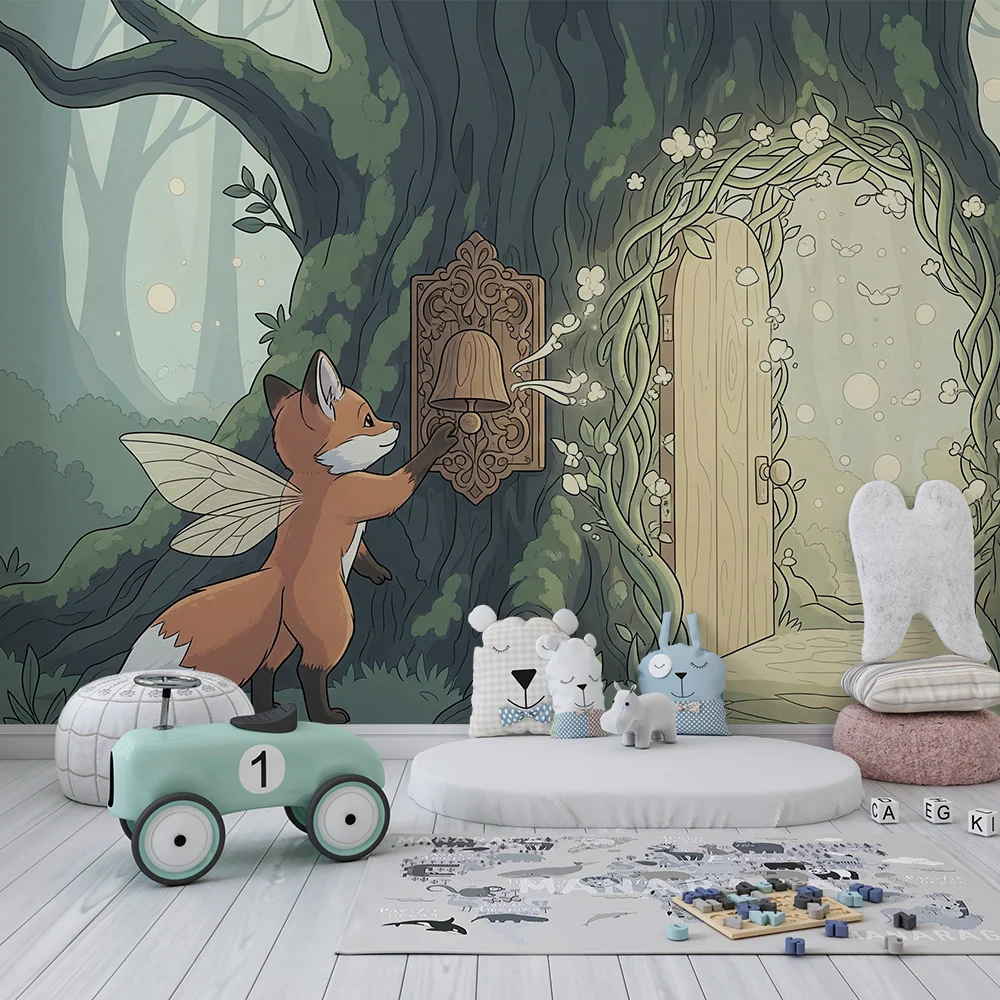 Papel de parede crianç | Vulpe magică în faț unei uși magice în pădure