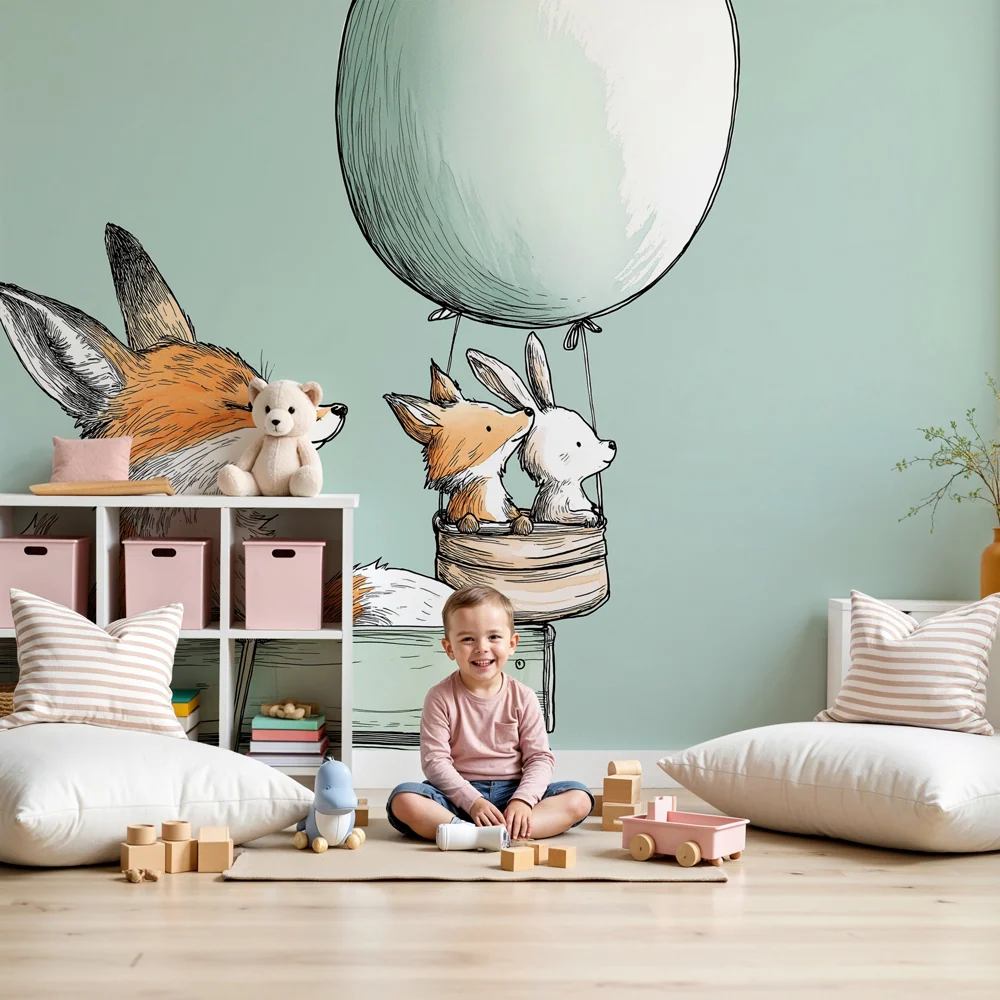 Papel de parede crianç | Vulpi și aventură cu balonul aerostatic