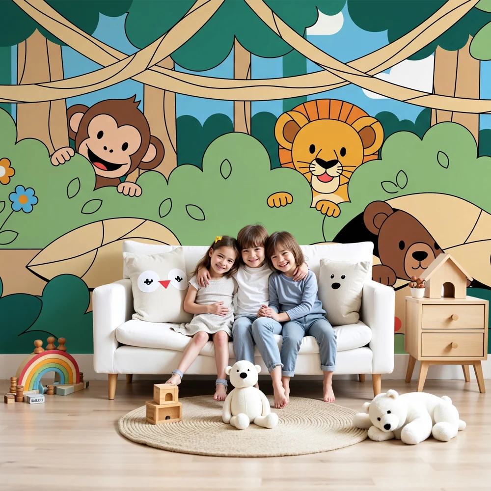 Papel de parede quarto bebê | Animalele jucause din junglă