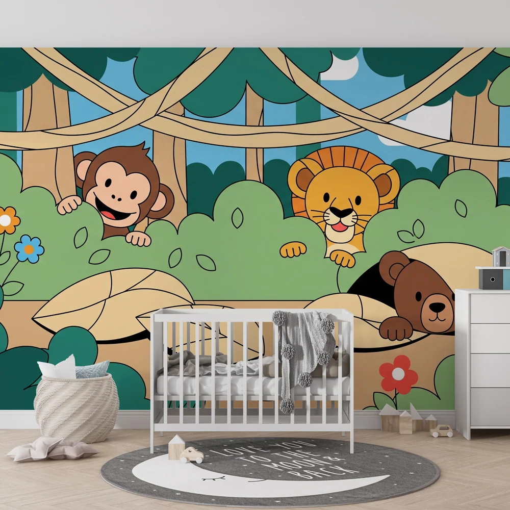 Papel de parede quarto bebê | Animalele jucause din junglă