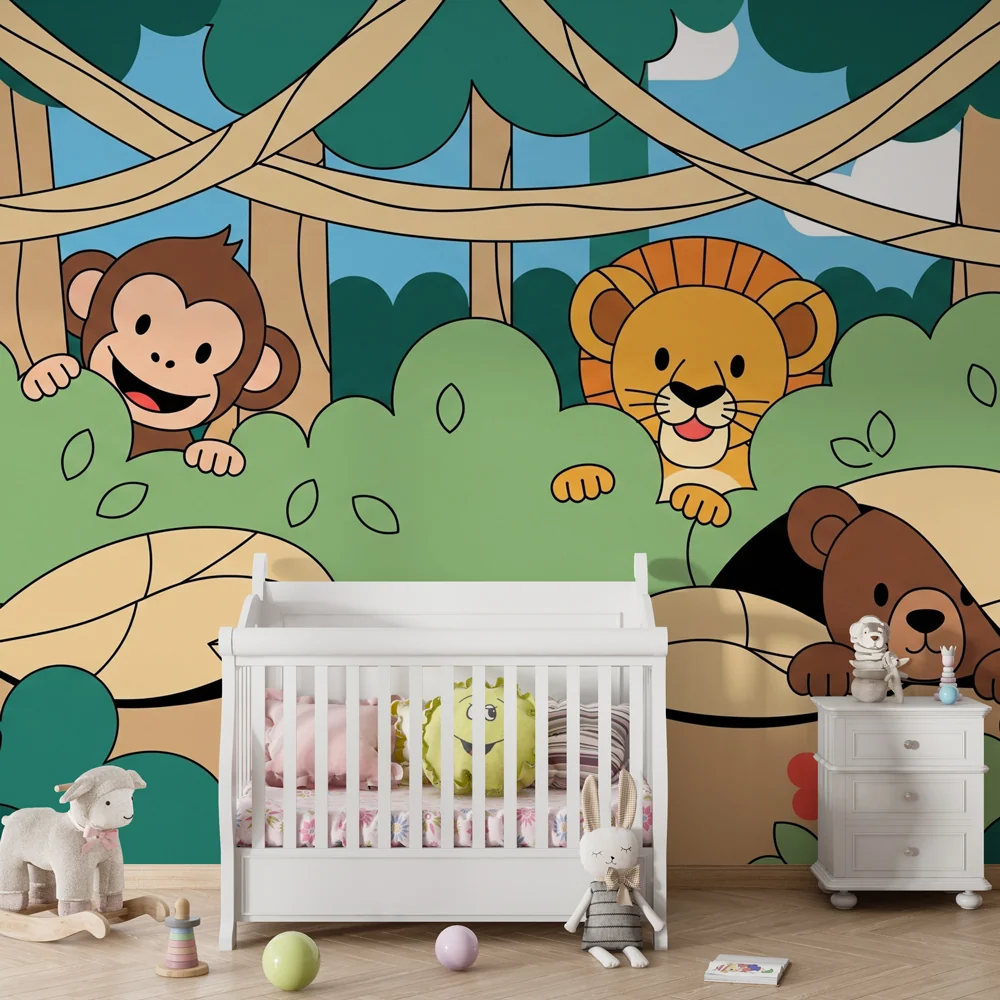 Papel de parede quarto bebê | Animalele jucause din junglă