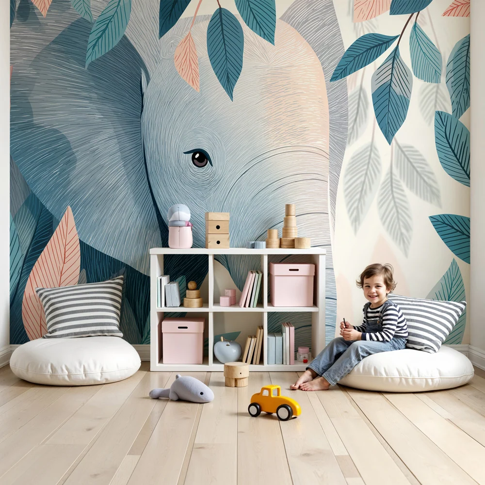 Papel de parede quarto bebê | Elefante pacífico entre as folhagens