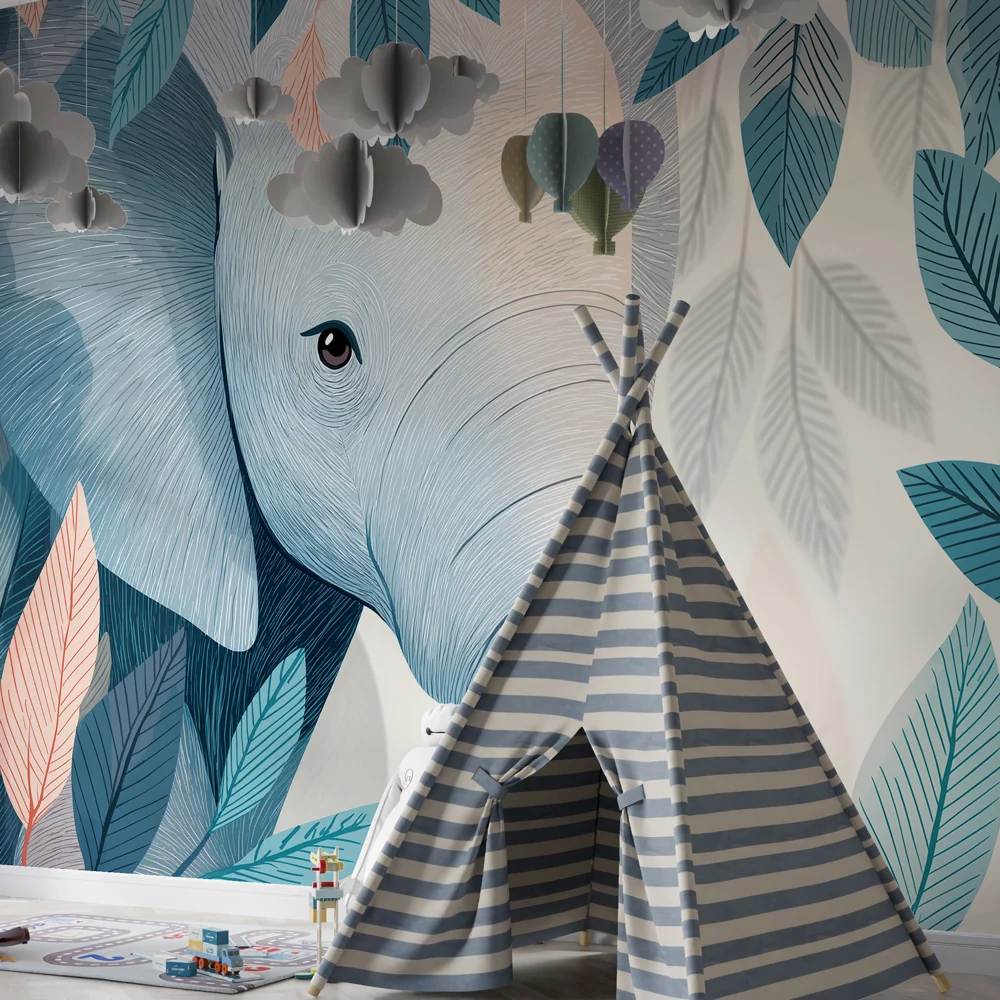 Papel de parede quarto bebê | Elefante pacífico entre as folhagens